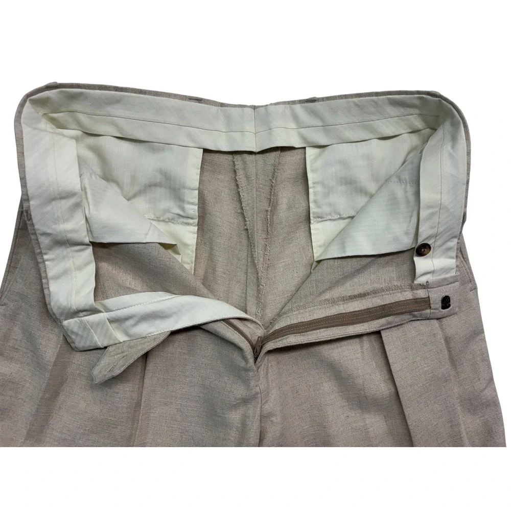 vtg 90s Dockers 32x29 Beige Linen Cotton Blend Pants Trousers Pleated Cuffed